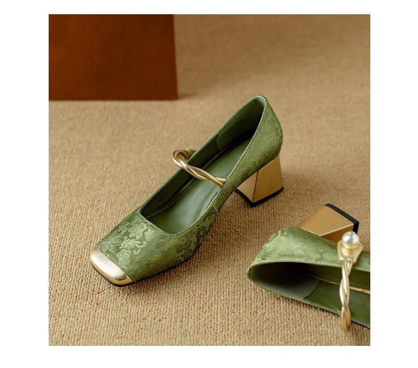 春季高跟鞋女一字带单鞋新中式国风拼色方头玛丽珍鞋法式珍珠粗跟详情4