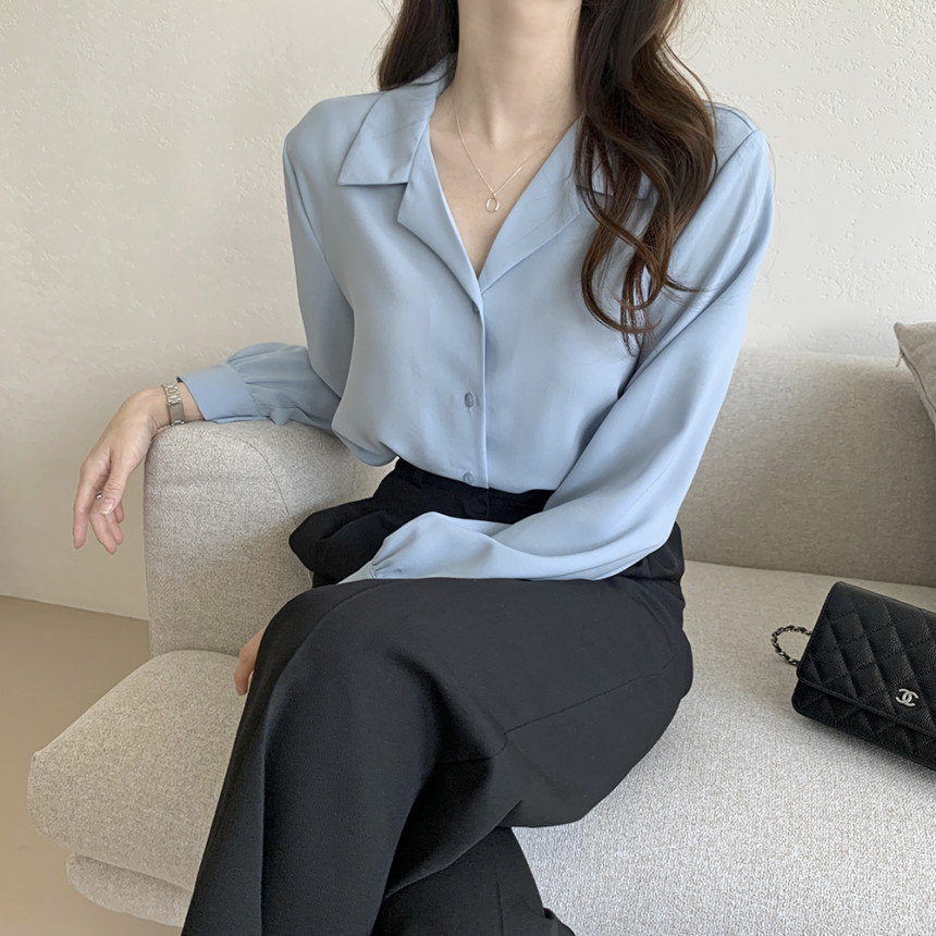 Korean chic2025 Spring/Summer simple solid color elegant suit collar chiffon shirt, French gentle long-sleeved shirt for women pic 4