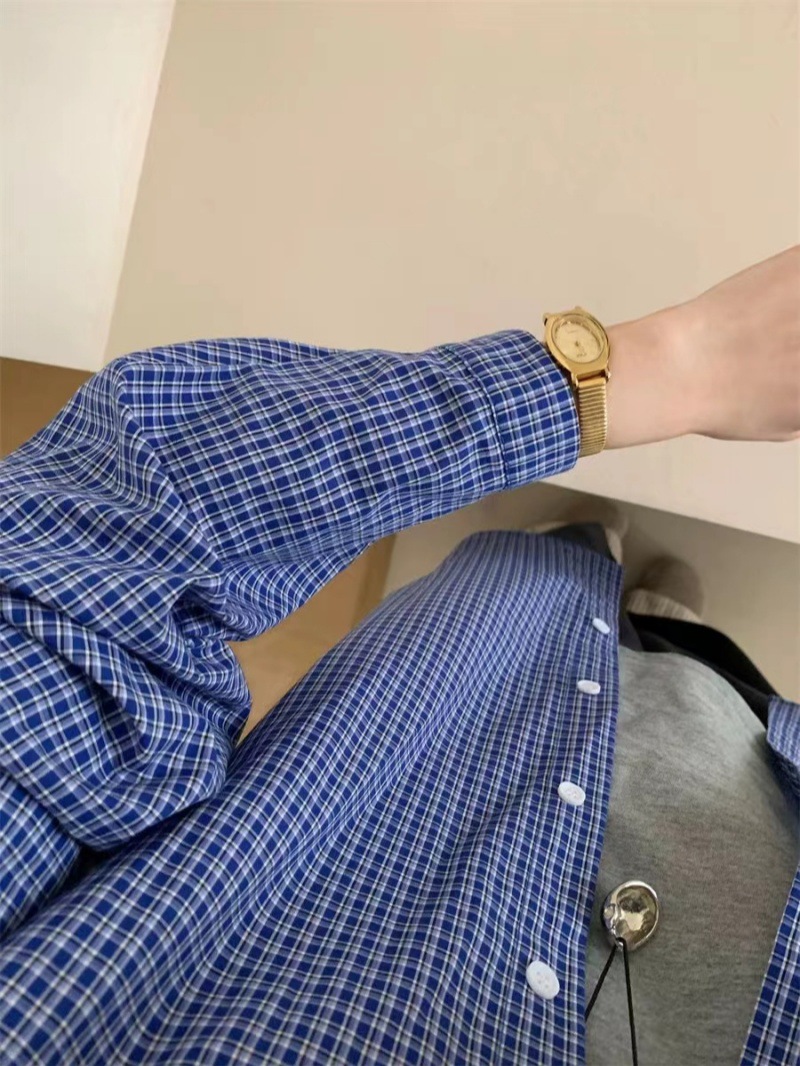 新款美式复古长袖蓝色格子衬衫慵懒宽松显瘦百搭秋季衬衣上衣外套详情8