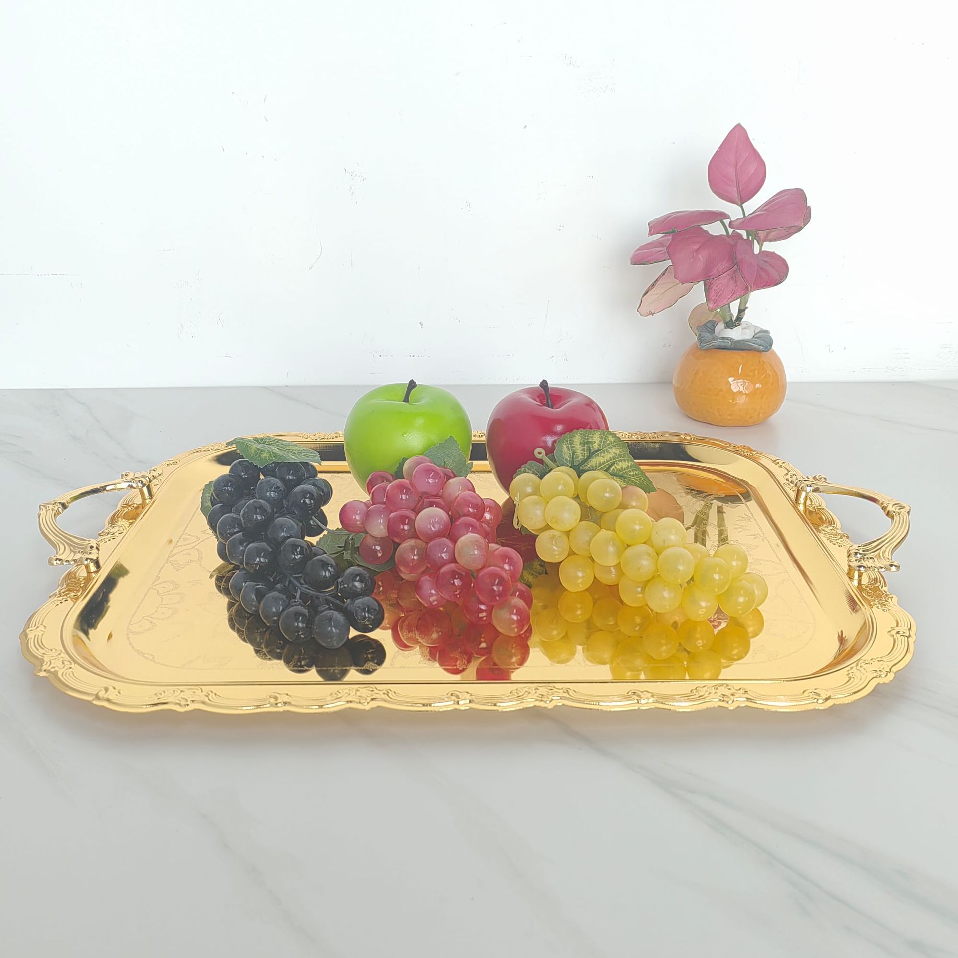 轻奢腾花纹长方形金色托盘餐厅端菜盘自助餐酒店甜点水果收纳盘详情7