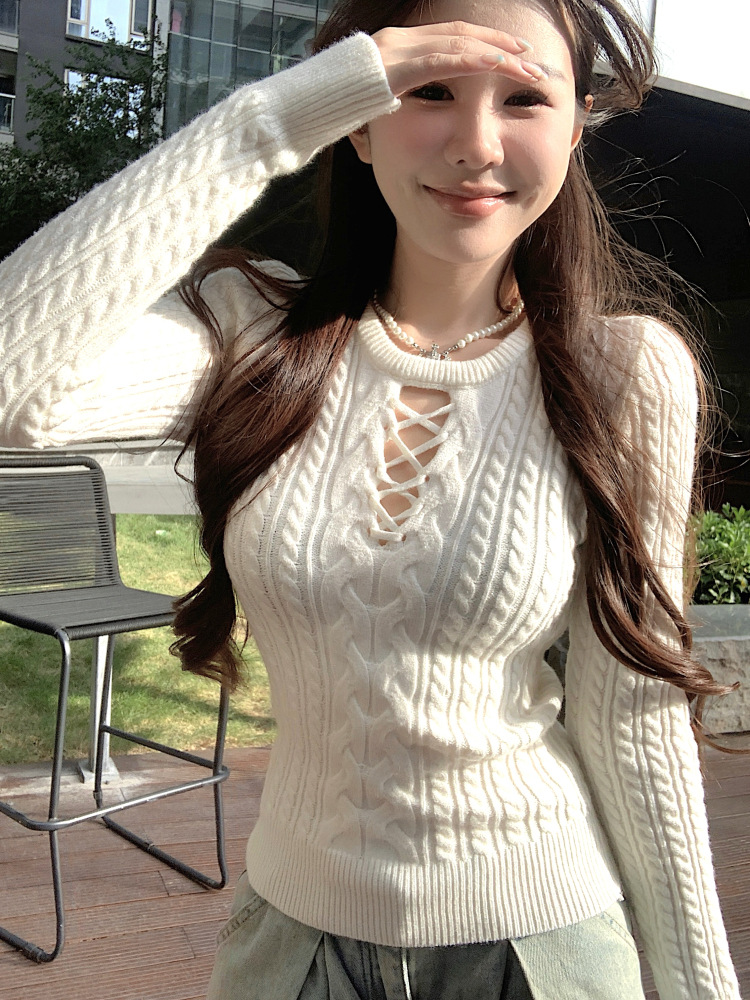 白色圆领镂空针织衫女秋冬修身长袖麻花毛衣打底内搭辣妹紧身上衣详情21