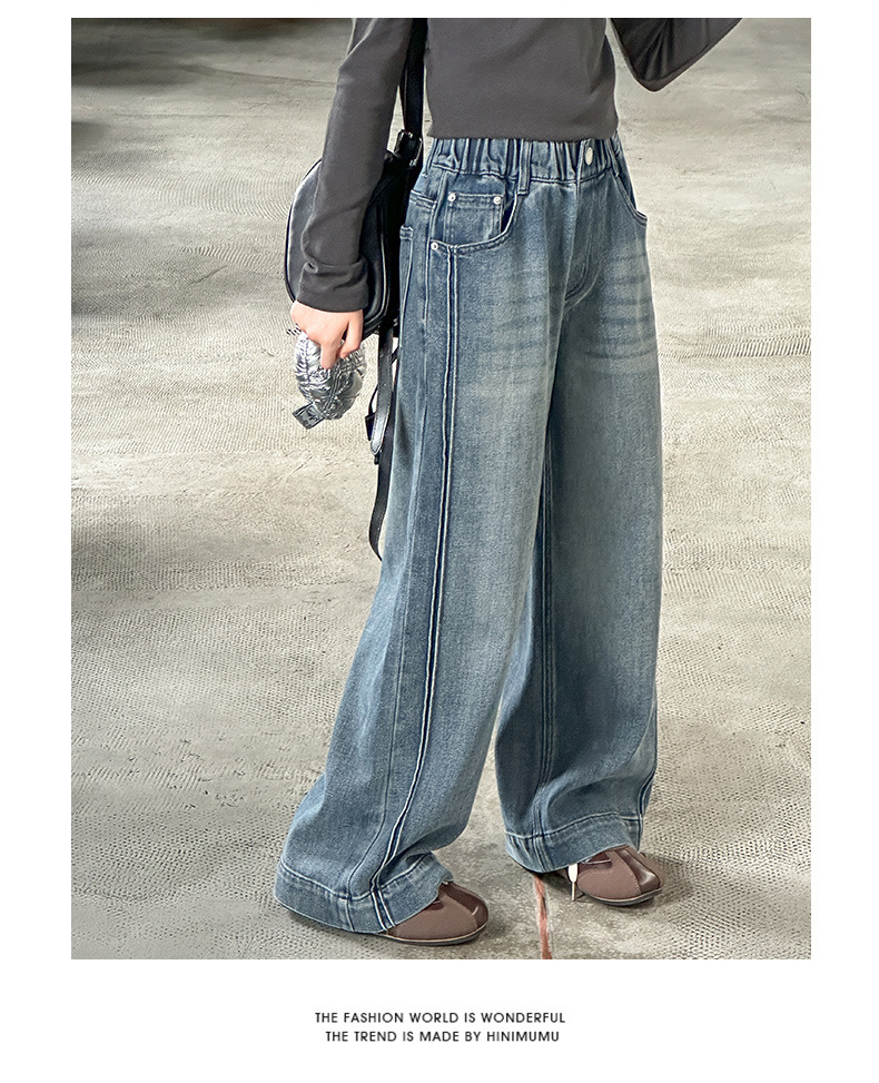【摩卡公主】女童美式复古宽松牛仔裤2025新款拖地牛仔阔腿裤长裤详情13