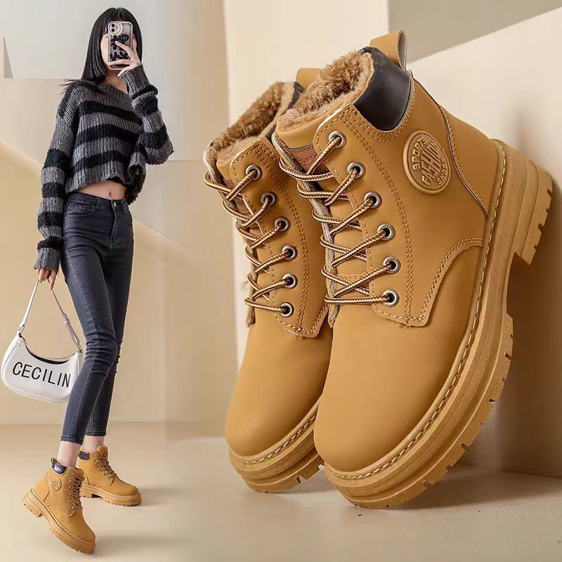马丁靴女2025冬季爆款英伦风女鞋登山装短靴子加绒大黄靴详情2