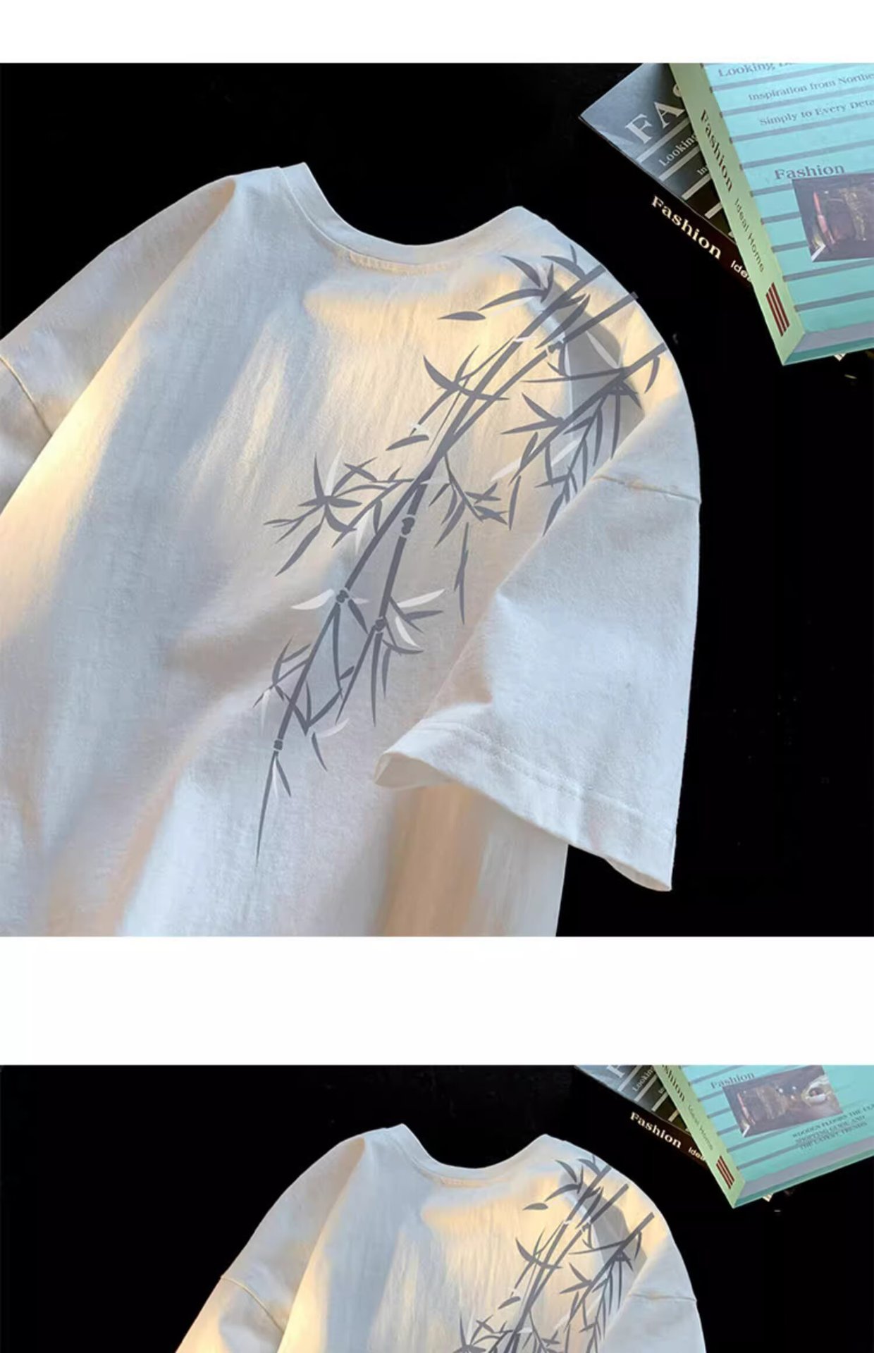 Pure cotton, new Chinese style, retro bamboo print short-sleeved T-shirt for men, summer trend, cool and stylish, loose round neck, half sleeve pic 1