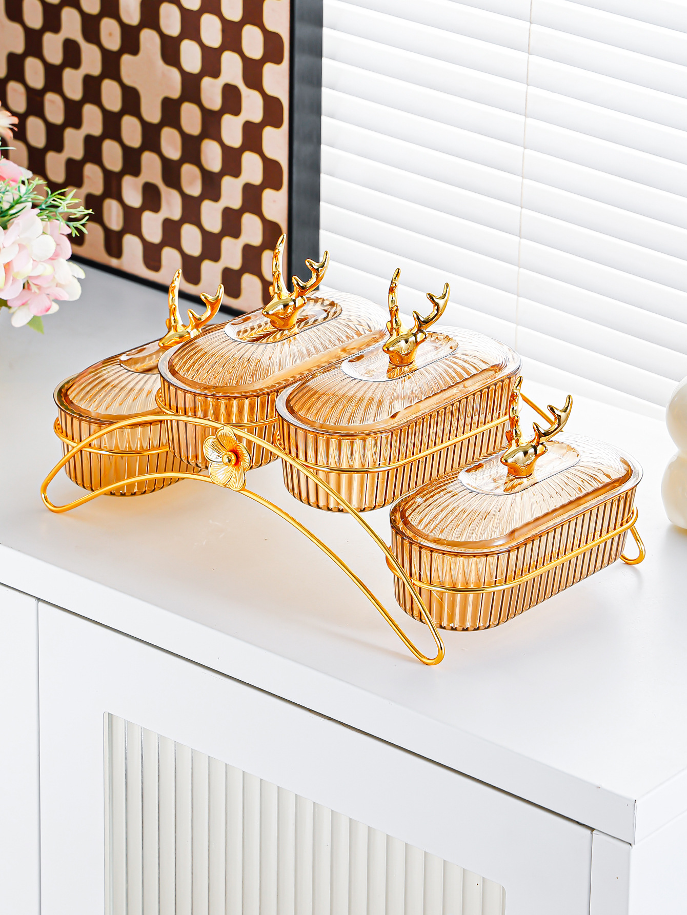 Light luxury dried fruit plate, fruit platter, light luxury household snack plate, ironwork rack, commercial and hotel snack plate, compartments fruit plate pic 19