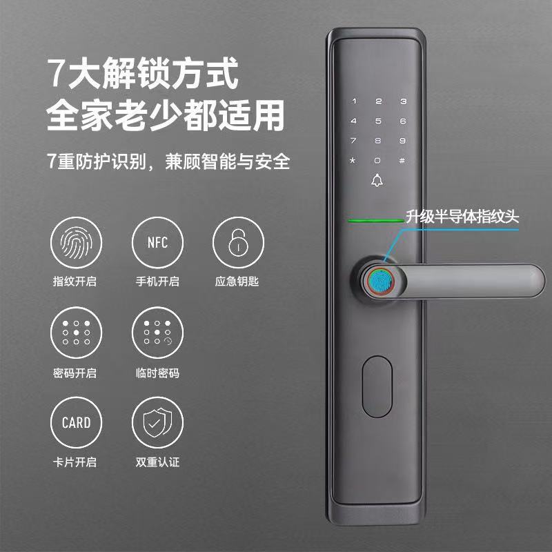 Grey smart door lock, fingerprint recognition, digital keyboard, green indicator light, long handle, side knob pic 3