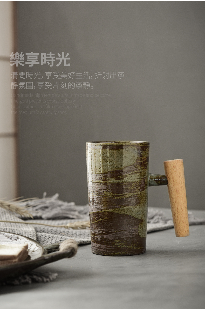 Retro ceramic mugs, simple and creative wooden handles, Japanese rough earthenware couple coffee cups, tea cups, drinking cups pic 11