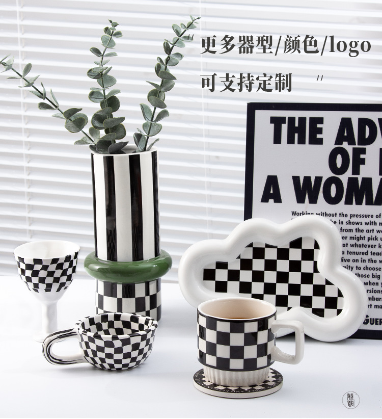 Korean-style couple checkered mugs, universal coffee ceramic cups for offices, custom-made ceramic cups with high appearance standards pic 11