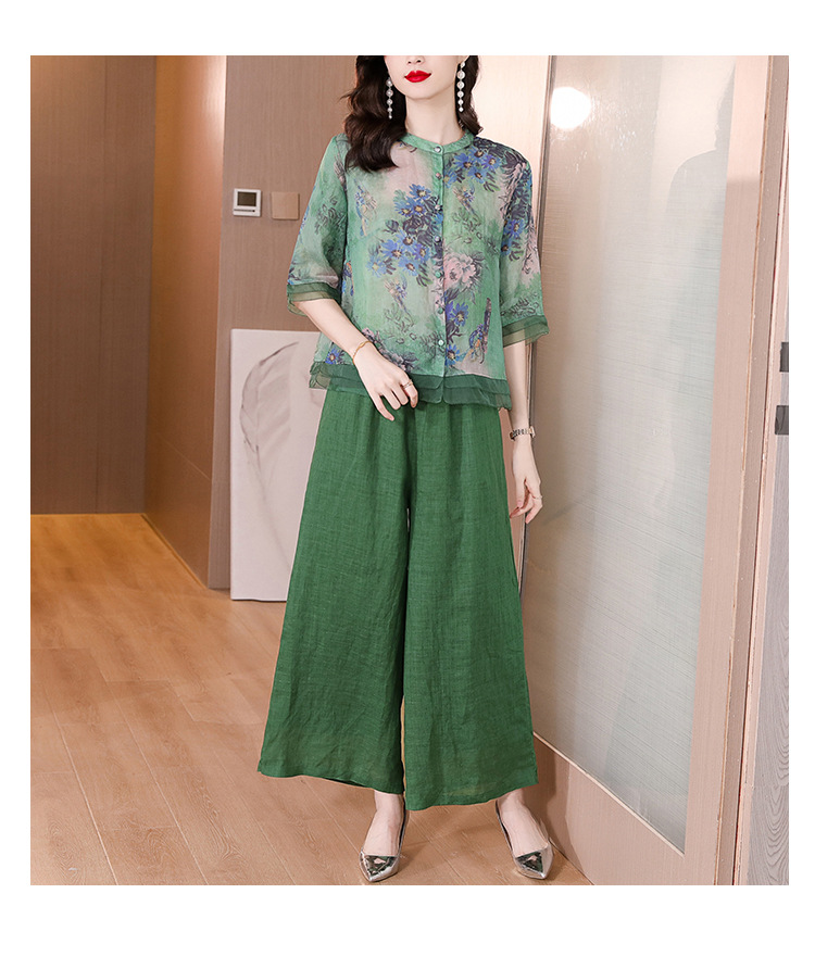 Wide-leg pants set for women, printed ramie shirt top, 2023 new style, retro large-sized cotton and linen pants two-piece set for summer pic 16