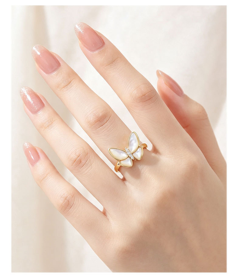 Factory direct supply of natural mother-of-pearl butterfly open ring, copper alloy, real gold electroplating, adjustable light luxury ring wholesale pic 6