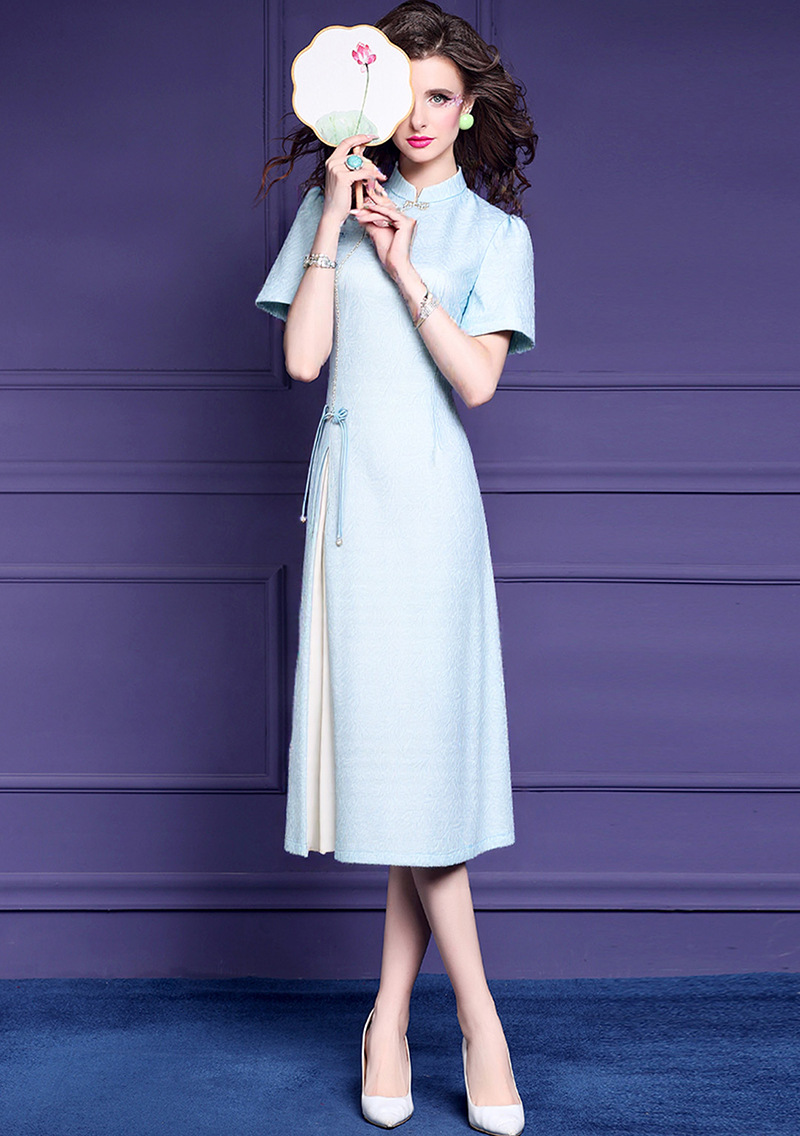 菲梦伊蓝色新中式连衣裙女短袖夏装国风绝美气质修身立领改良旗袍详情6