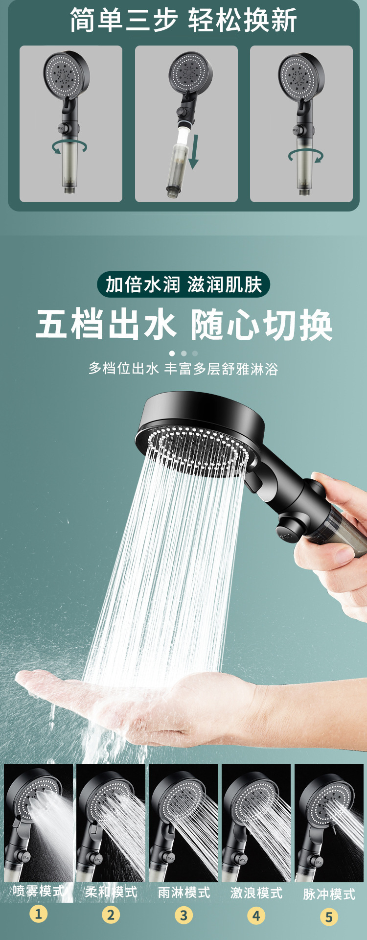 黑五档止水多功能浴室花洒套装沐浴黑色家用大出水量浴室热水增压详情9