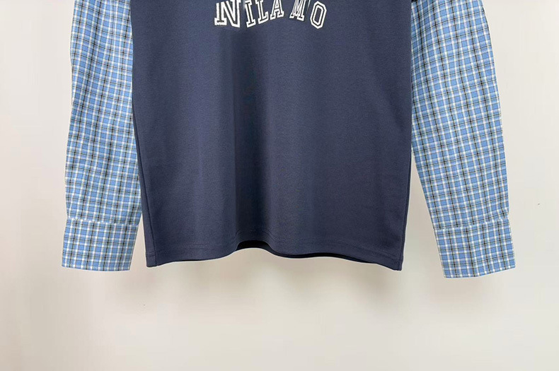 2025夏季新款设计感格纹拼接假两件长袖T恤女时尚休闲减龄上衣女详情14