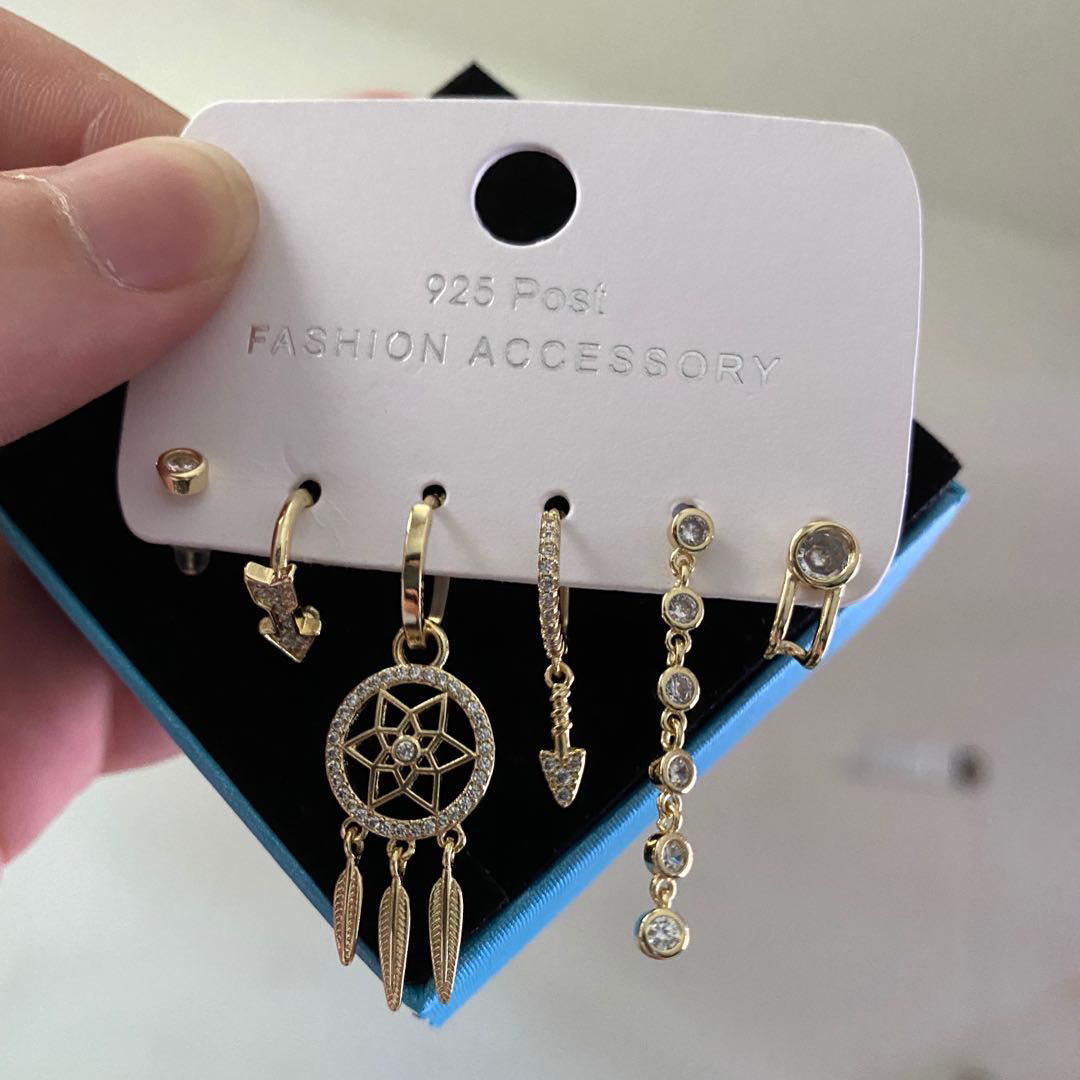 Six sets of high-end Korean-style earrings and earrings with a fashionable and versatile dreamcatcher micro-inlay zircon tassel arrown ear clip pic 4
