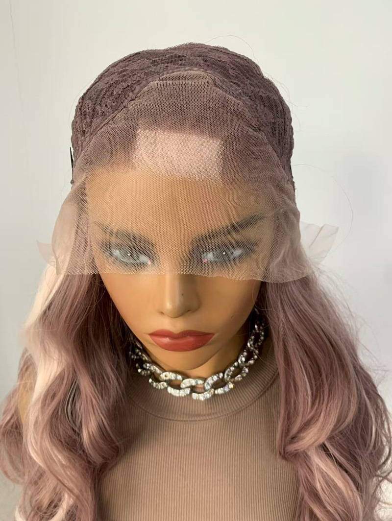 This is a popular full-length wig in Europe and America. It features a pink, fluffy, big wavy simulation, long curly hair, and is made of synthetic fiber, with a lace forehead and medium-length hair pic 7