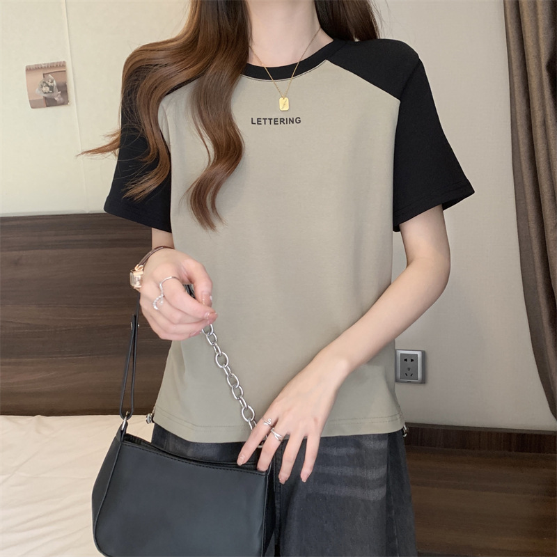 短袖T恤女夏季印花字母打底衫大码显瘦休闲正肩撞色抽绳上衣外穿详情19