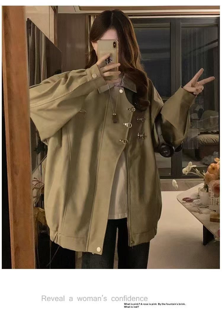 美式复古翻领外套女chic春秋潮流休闲宽松设计感PU皮学生夹克上衣详情30