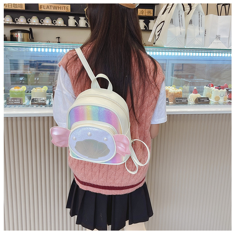 Rainbow gradient sequin backpack, pearl shell pattern, pink bow, outdoor hiking canvas schoolbag, lightweight and durable pic 37