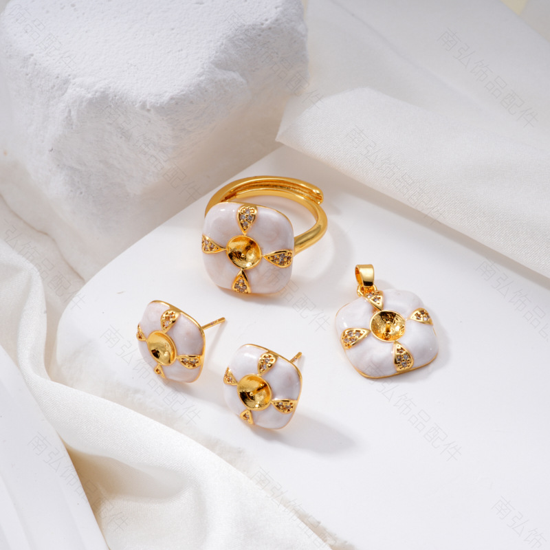 Pearl ring, earneedle pendant, three-piece set, empty stand, retro square oil drip design, DIY, light luxury, high-end style, flower pic 4