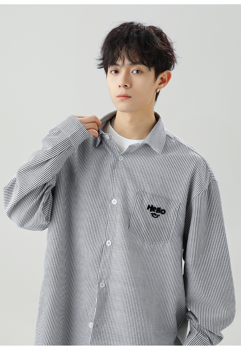口袋立体刺绣长袖衬衫男春夏新款撞色竖条纹日系宽松情侣衬衣外套详情16
