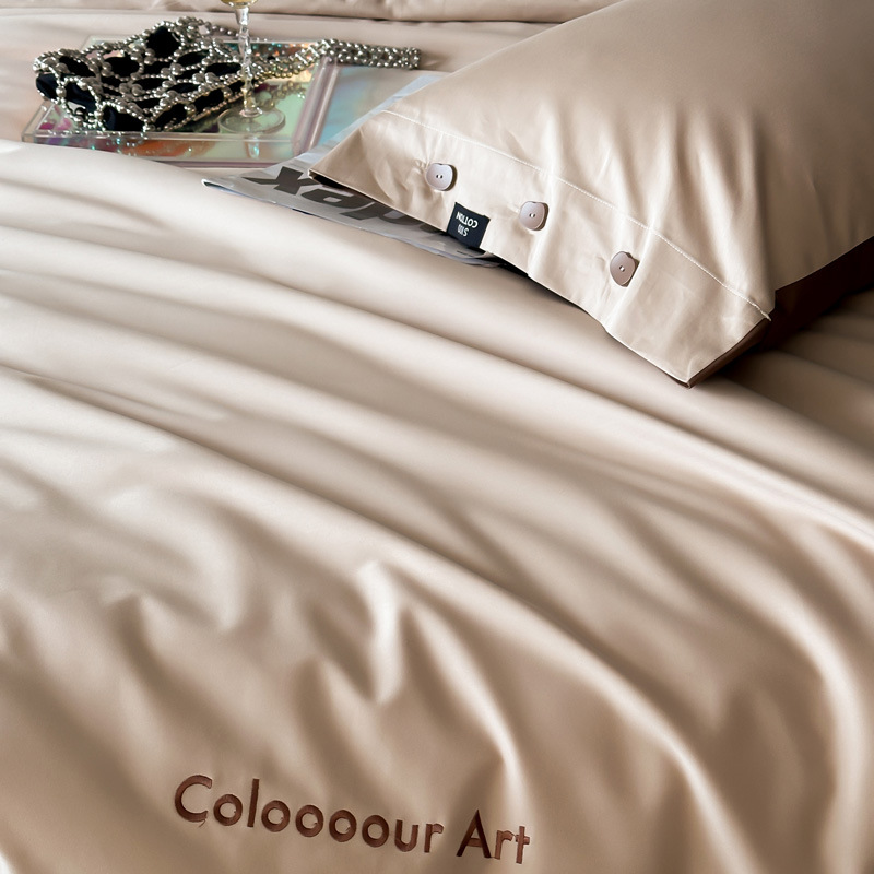 Simple, light luxury and fashionable solid-color long-staple cotton four-piece set, pure cotton letter-embroidered duvet cover, double bedding pic 67