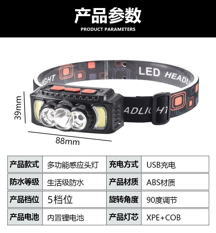 Wholesale Amazon rechargeable led headlights, high-intensity, long-lasting outdoor lights, waterproof head-mounted sensor fishing headlights pic 1