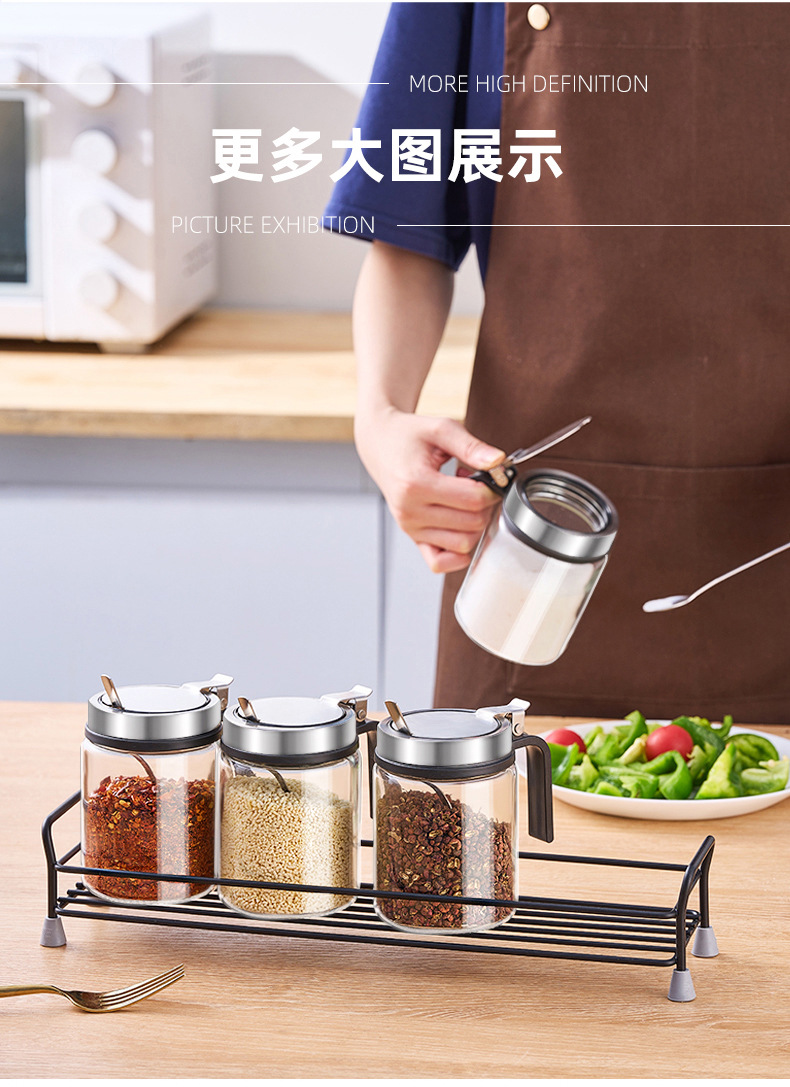 调料罐带勺佐料盒防潮玻璃盐巴罐不锈钢弹簧盖调味瓶厨房家用套装详情5