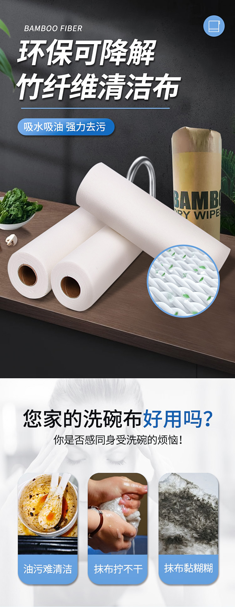 竹纤维清洁布一次性无纺布百洁布去污干湿两用厨房周抛抹布20片/卷详情2