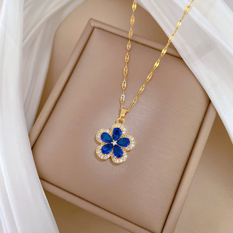 【钛钢】五叶花朵项链耳环套装轻奢微镶个性气质宴会耳饰项饰组合详情20