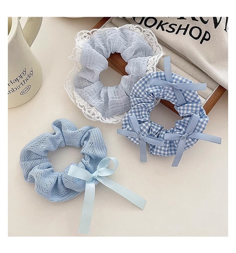 蓝色小清新蝴蝶结大肠发圈女蕾丝花边扎高马尾发绳高颜值皮筋头绳详情15