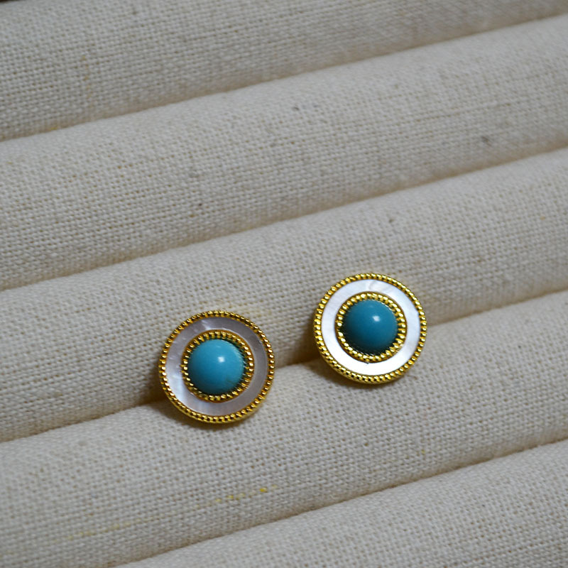 法式复古白色贝母镶嵌绿松石金珠花边气质简约925银针圆耳钉耳饰详情9