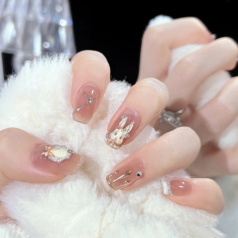 Wholesale of handcrafted wearable nails for Internet celebrities, medium and long heart-shaped diamond nail nail plates, nail patches, false nails, jelly glue pic 41