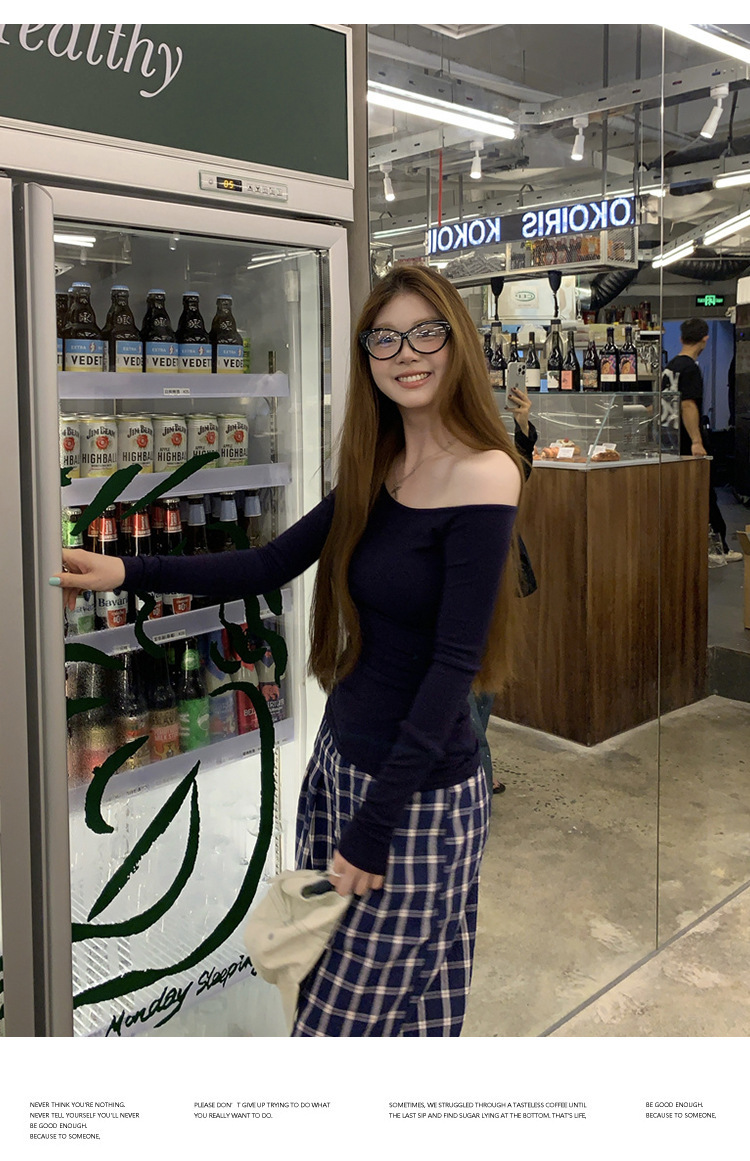 纯欲辣妹修身显瘦露肩长袖T恤女装早秋设计感百搭打底衫学生上衣详情11