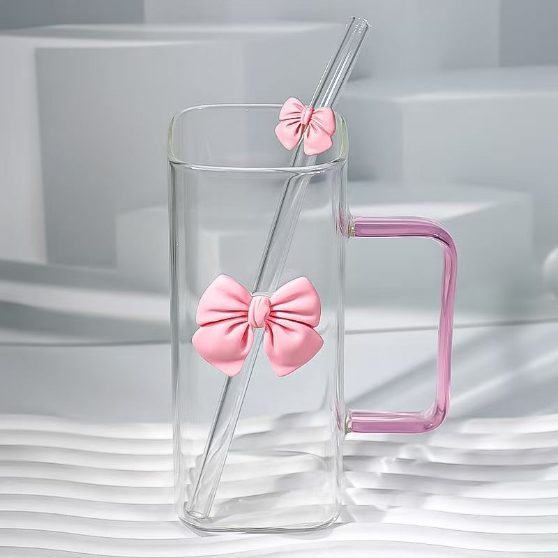 Ins-style square bow glass cup with handle, high appearance level, high-temperature resistant, cute fairy pink straw water cup pic 2