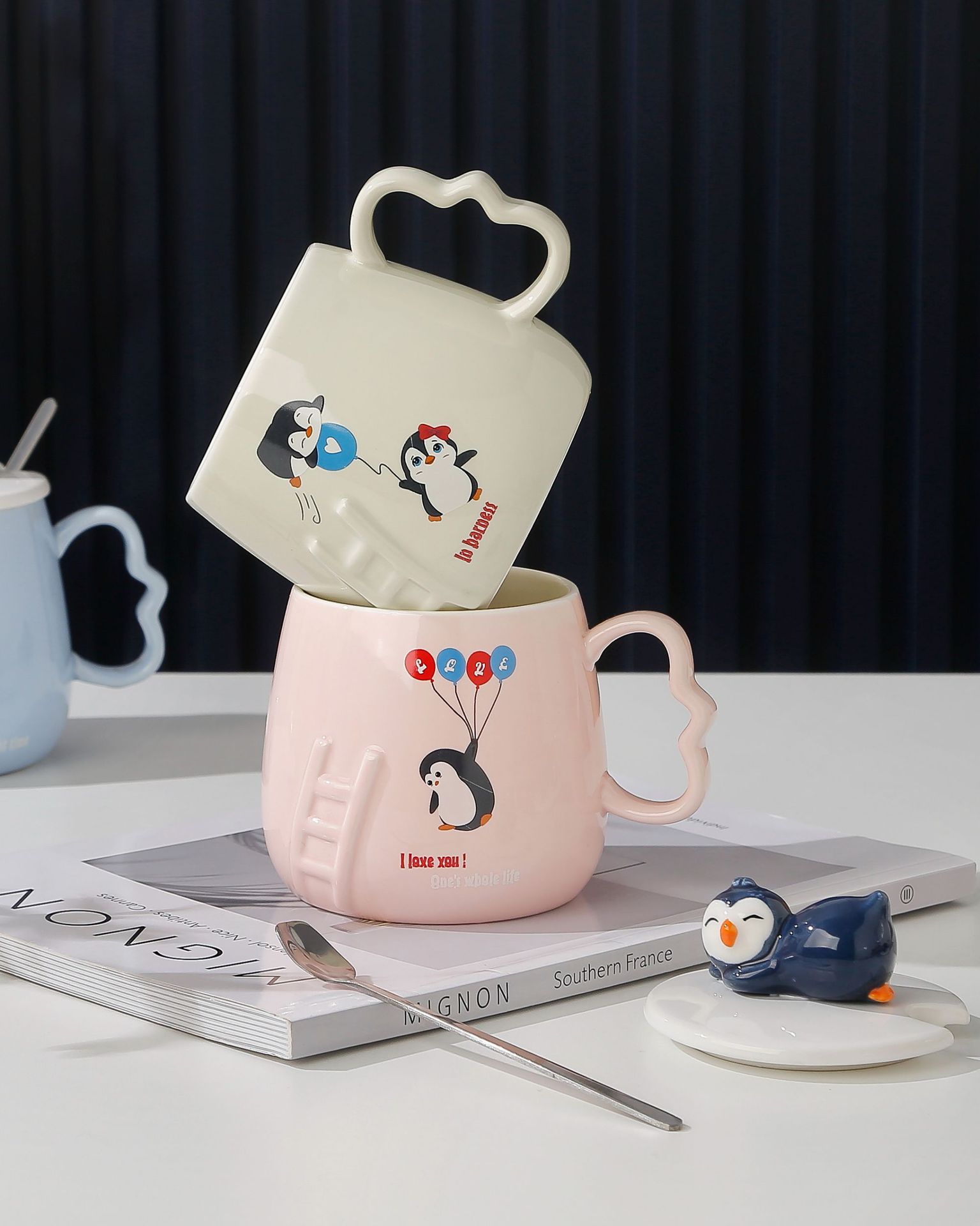 Ceramic cup with lid, creative cartoon three-dimensional relief penguin mug, office home, student gift and souvenir pic 6