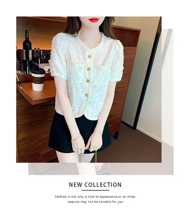 小香风圆领雪纺短袖衬衫女2025夏新款高级感蕾丝气质修身短款上衣详情8