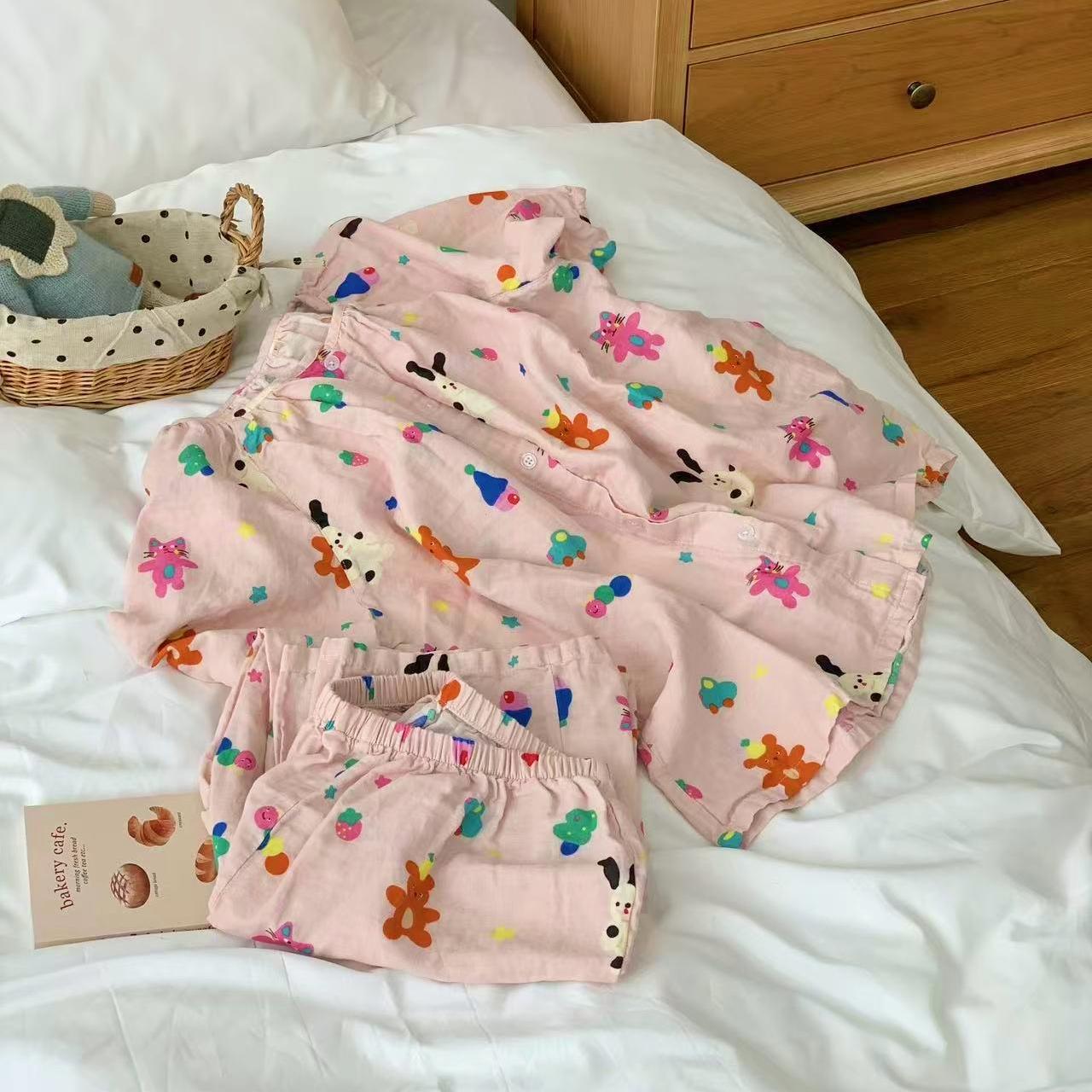 Class A all-cotton double-layer yarn round-neck pajamas, short sleeves, long sleeves, shorts, long pants, postpartum home wear set, cartoon breathable pic 21