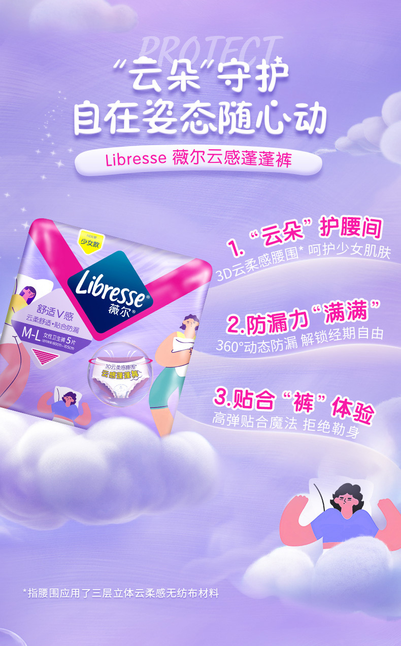 薇尔安心裤少女款云柔舒适M-L通用舒适蓬蓬裤5片装夜用裤型卫生巾详情3