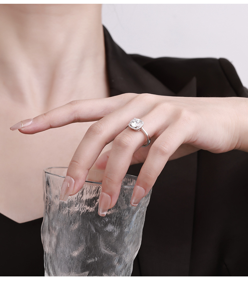 Zhuoheng Select 925 sterling silver ring, non-fading, niche design, simple square bag, moissanite opening adjustable, non-fading pic 10