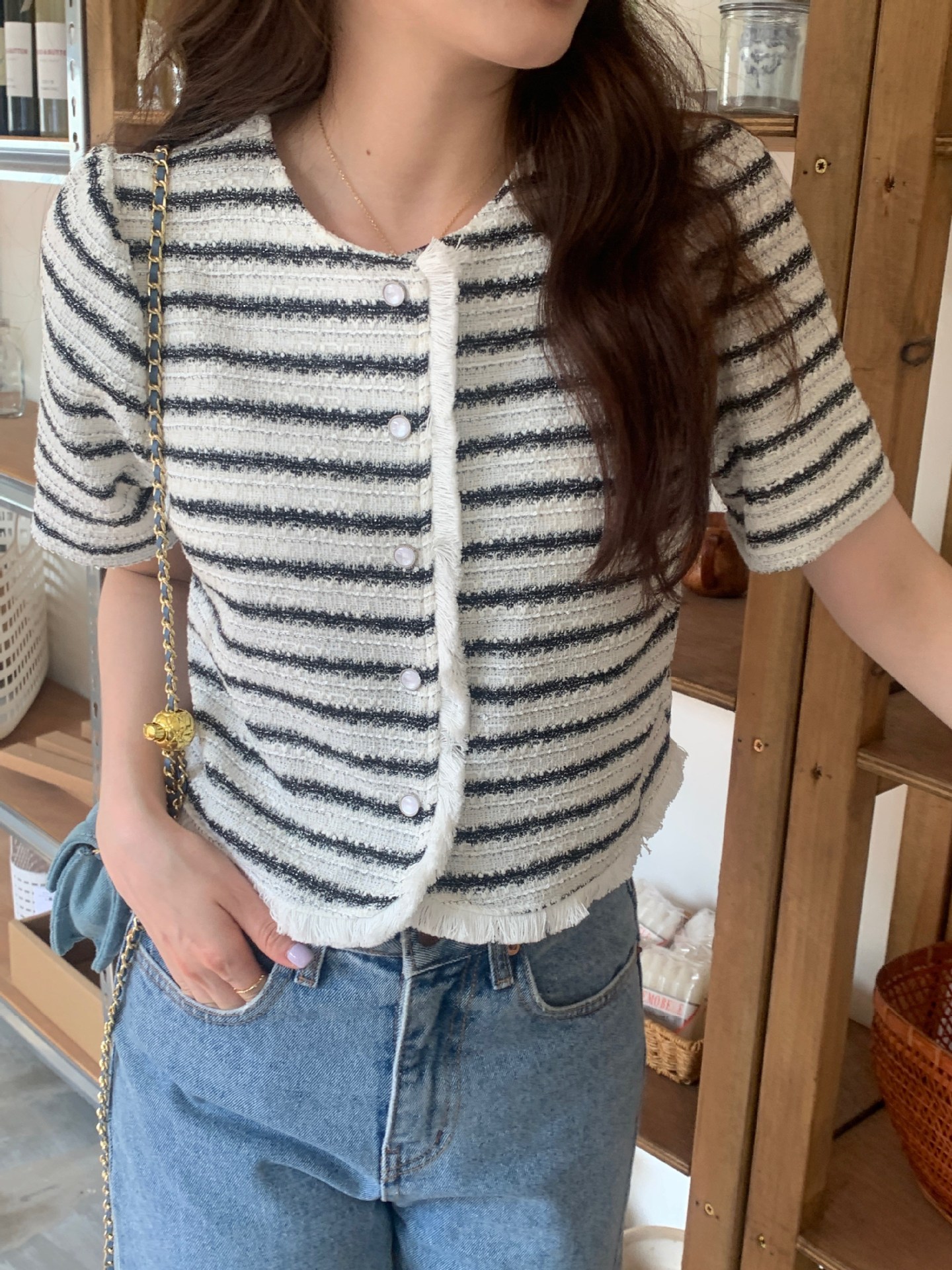 实拍 2024年新款韩系ins简约 圆领 小香风 须须毛边 上衣短袖女装详情39