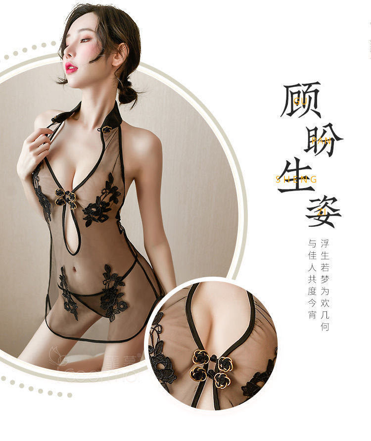 可爱夜色春风情趣内衣国潮性感蕾丝开衩制服网纱透视古典刺绣旗袍详情2