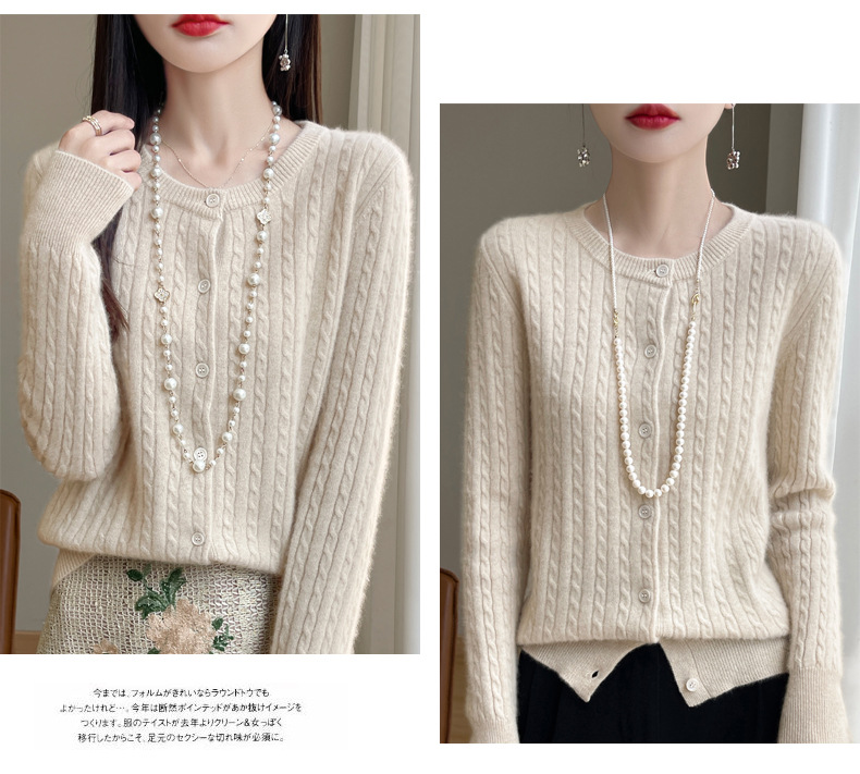 濮院100全羊毛针织毛衣女圆领麻花开衫羊绒外套韩系软糯外穿上衣详情15