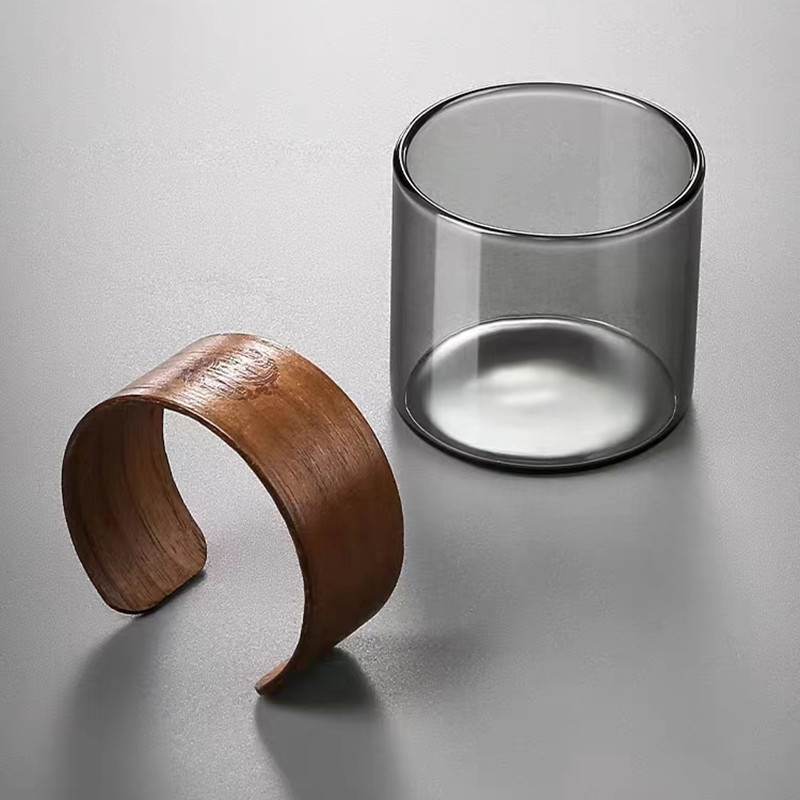 High borosilicate glass small tea cups, household reception tea cups, soot glass tea tasting cups, walnut wood ring heat-insulating tea cups pic 1