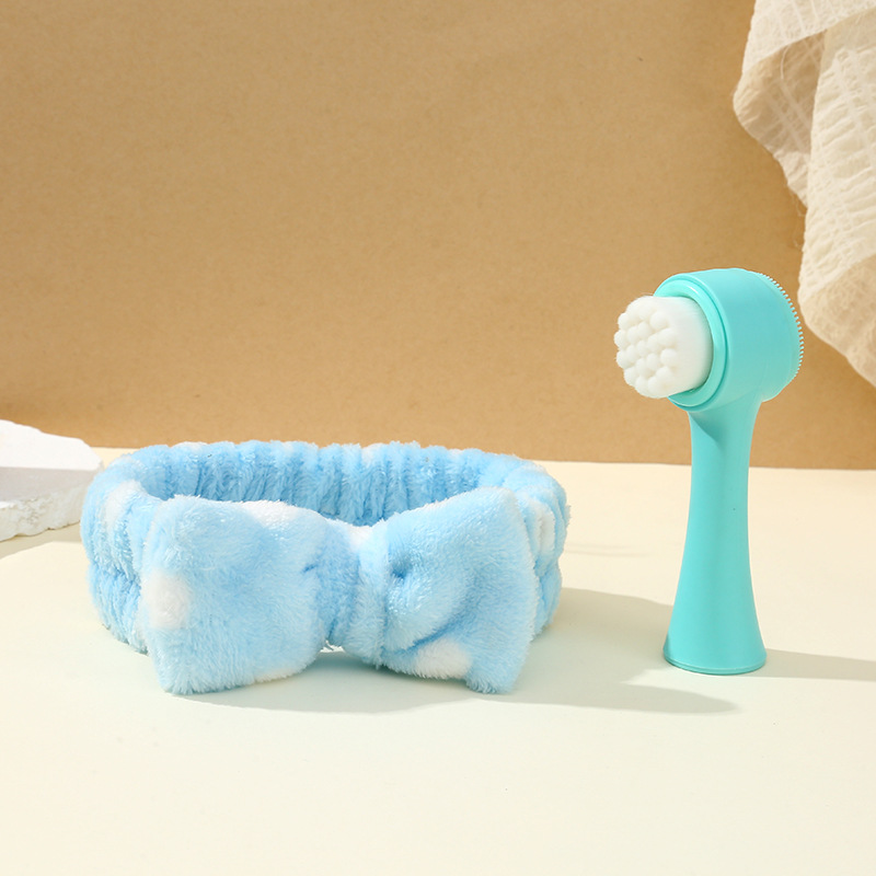 双面洁面刷手动脸部清洁刷去毛孔黑头神器洁面刷珊瑚绒蝴蝶结发带详情3