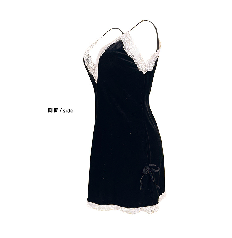 European and American cross-border velvet lace patchwork halter nightgown, deep V backless slit short skirt, sexy home pajamas 1187 pic 14
