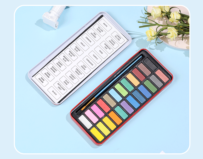 博艺宣便携式铁盒环保24色浓缩粉饼颜料儿童diy美术写生固体水彩详情12