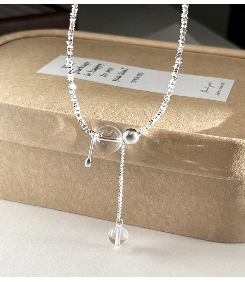 925纯银白水晶流苏碎银子项链女简约手工设计时髦个性锁骨链N0140详情9