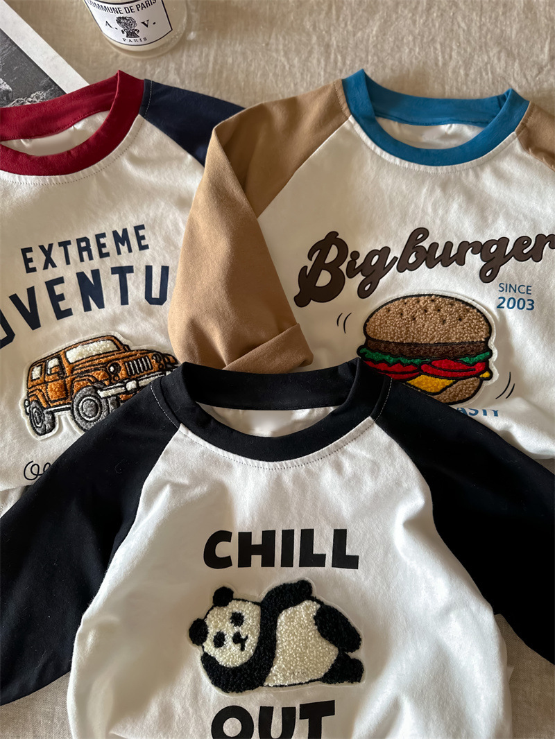 纯棉男女儿童t恤长袖上衣服2024刺绣植绒百搭中小童装打底衫春秋详情18