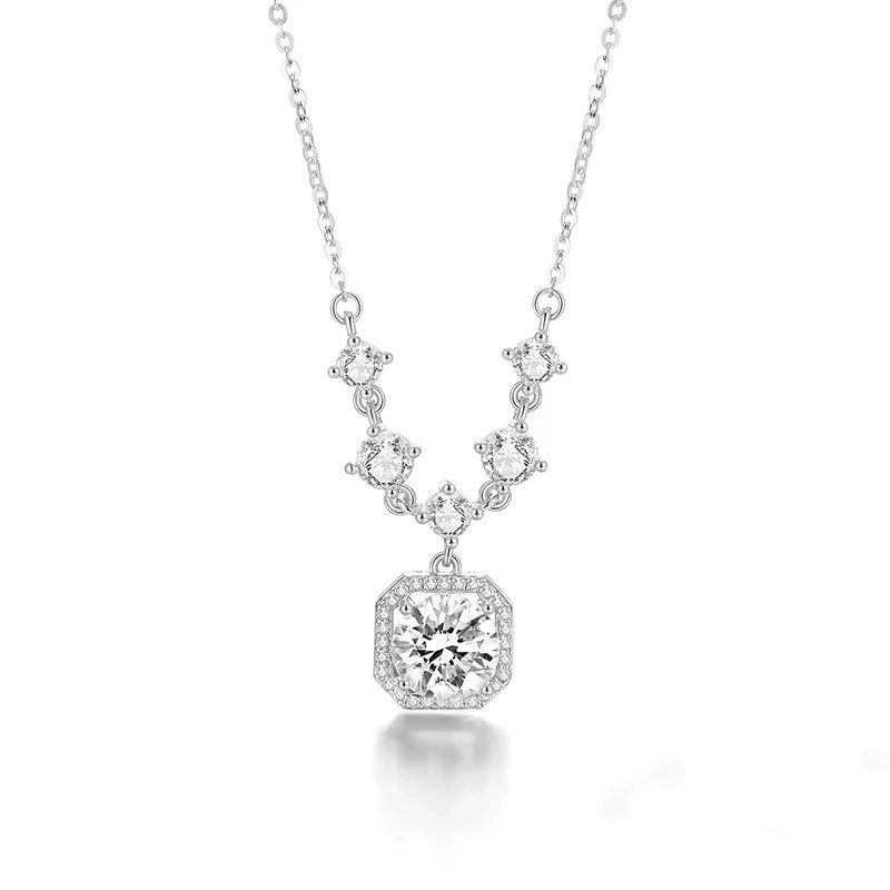 银贝S925纯银莫桑钻方糖项链女精致轻奢小方块吊坠跨境锆石锁骨链详情9