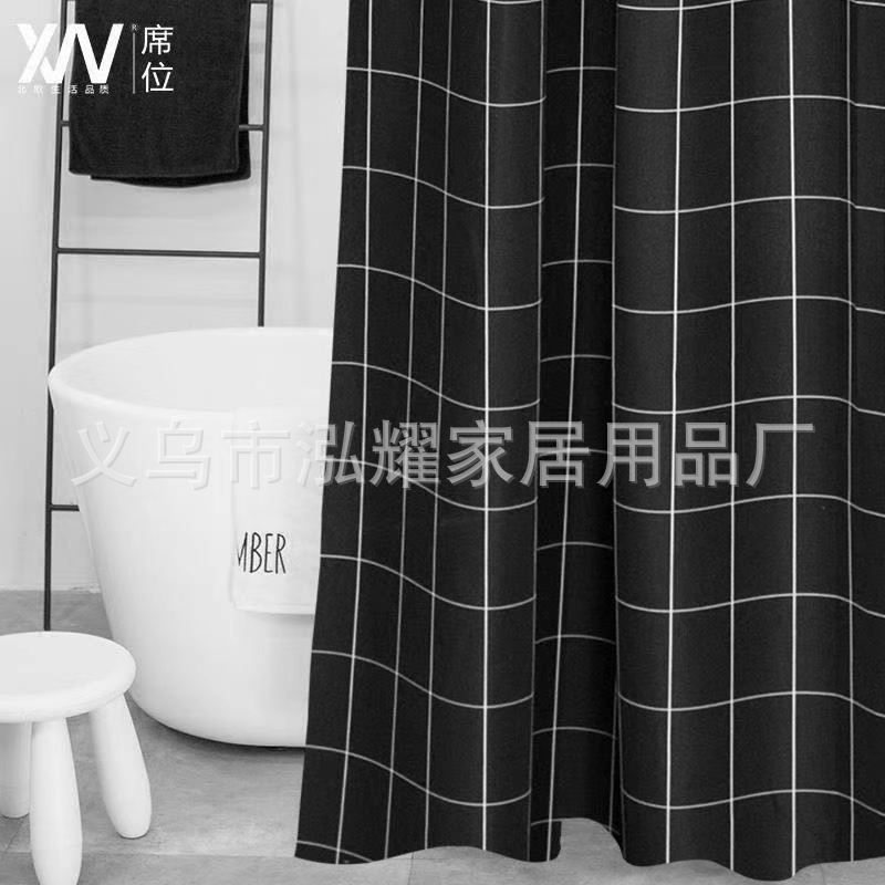 方块格子卫生间防水浴帘浴帐涤纶加厚浴室隔断窗帘浴室帘跨境批发详情6